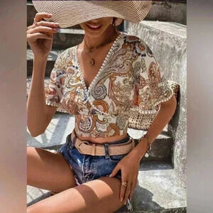 SHEIN Frenchy Paisley Print Pom Pom Trim Knot Back  Blouse size M